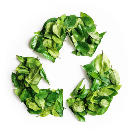 Recycle sign made of fresh green leaves isolated on white background.の素材