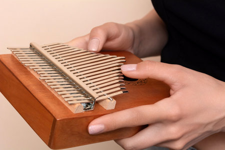 Women's hands holding a kalimba on a beige background. Wooden musical instrumentの写真素材