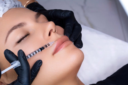 A beautician performs a lip augmentation procedure with hyaluronic acid. The process of injecting filler into the lips.の写真素材