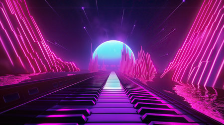 3D rendering of a futuristic hallway with neon lights and reflections.の素材