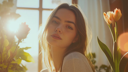 A young woman sitting near a window with flowers, softly lit by warm sunlight in a bright, cozy spaceの素材