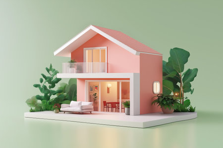 A stylish 3D-rendered modern pink house with large windows, green plants, and a minimalistic aestheticの素材