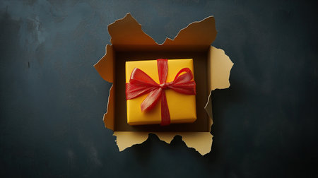 A neatly wrapped yellow gift box with a red ribbon emerging from a torn dark paper background. A unique and creative holiday or celebration conceptの素材