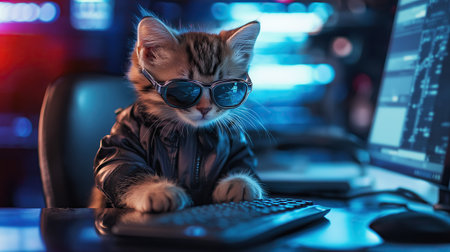 A stylish kitten wearing futuristic sunglasses and a leather jacket sits at a high-tech computerの素材