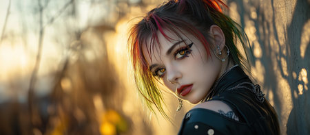 A stylish young woman with multicolored hair, punk accessories, and artistic makeup, posing in golden sunset light against a textured wallの素材