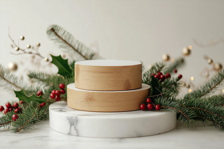 A circular wooden podium with marble accents, decorated with holiday pine branches and red berriesの素材