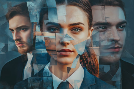 A fragmented artistic composition of three young professionals with a futuristic, layered visual effectの素材