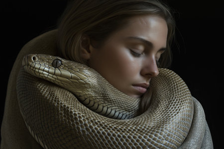 A pale beige snake elegantly coils around a woman's neck as she closes her eyes in a calm and artistic portraitの素材