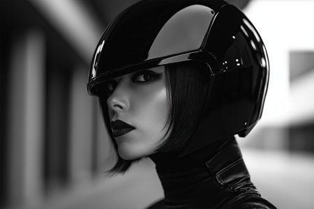 A monochrome portrait of a woman wearing a sleek black futuristic helmet with a high-tech glossy finishの素材