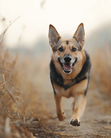Cute happy dog playing and running outdoors facing the cameraの素材