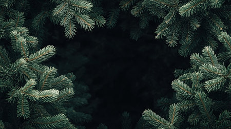 Fir branches frame a dark center, forming a natural wreath-like borderの素材