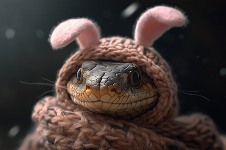 Cute snake dressed in a knitted hat with bunny ears and a scarf.の素材