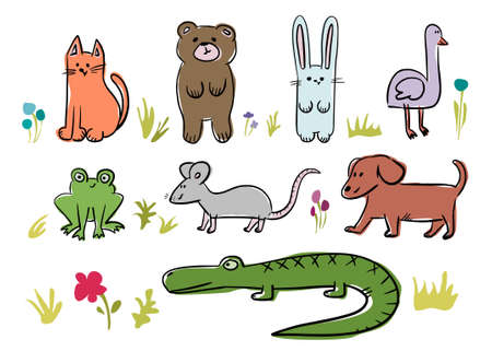 Set of Simple Animals Cat Bear Bunny Bird Frog Mouse Dog Crocodileのイラスト素材