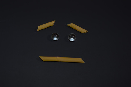 Pasta face with clear marble eyes