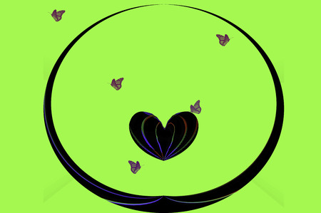 Heart floating in a circle with butterflies on a neon green background.の写真素材