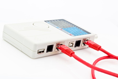 testing of short red network cable by the simple tester with LEDs