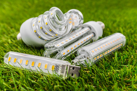 various types of ecological and economical LED bulbs ( E27 similar shape as CFL ) in the green grass