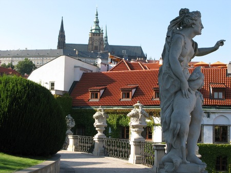 Prague Mala Strana, Czech Republic, the most beautiful of Prague gardens - Vrtbovska Garden, St. Vitus Cathedral in the backgroundのeditorial素材