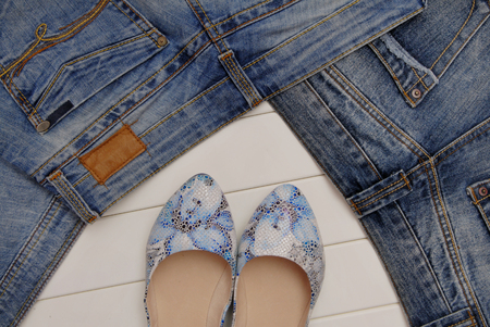 leather shoes and  jeansの写真素材