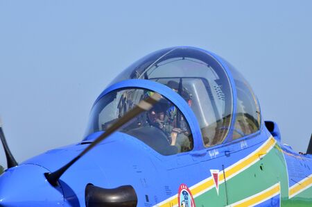 PIRASSUNUNGA, BRAZIL - May 13, 2017 - 65th celebration of the Smoke Squadron. View of the cockpit before the air shows startのeditorial素材