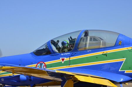 PIRASSUNUNGA, BRAZIL - May 13, 2017 - 65th celebration of the Smoke Squadron. View of the cockpit before the air shows start.のeditorial素材