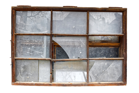 Old broken windows in transparent or white background. Wooden frames. Dirty and broken glass....