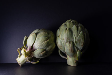two artichokes on a black background, front viewの写真素材