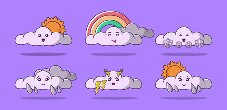 Illustration vector graphic of clouds showing various weather in kawaii style. Mascot character hand drawn styleのイラスト素材