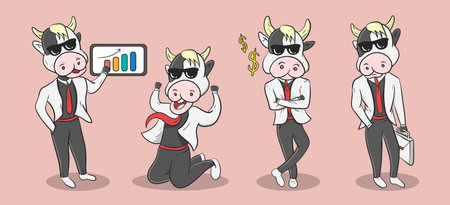 Illustration vector graphic of cows wearing suits and glasses with various poses. financial and business concepts. Mascot character hand drawn styleのイラスト素材