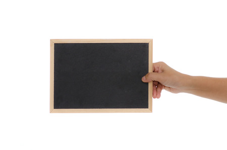 Woman hand holding blackboard on white background isolatedの写真素材