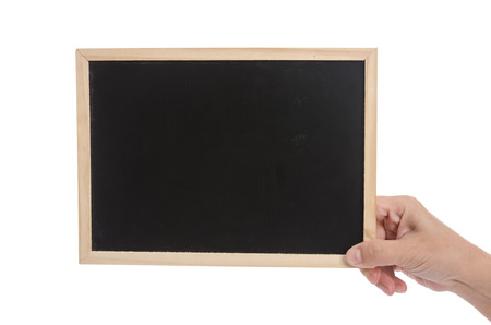 Woman hand holding blackboard on white background isolatedの写真素材