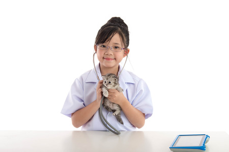 Little asian girl playing veterinarian with kitten on white background isolatedの写真素材