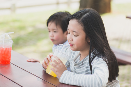 Cute asian children drinking fresh  juice in the park outdoorの写真素材