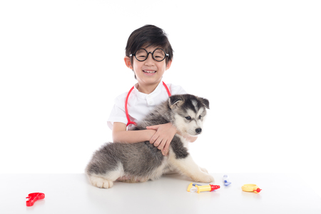 Asian child playing veterinarian with siberian husky puppy on white background isolatedの写真素材