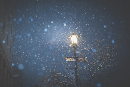 Street lamp in winter night, Aomori Japanの写真素材