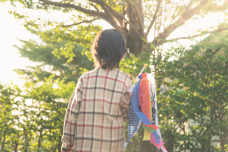Cute Asian child holding koinobori playing in the parkの写真素材