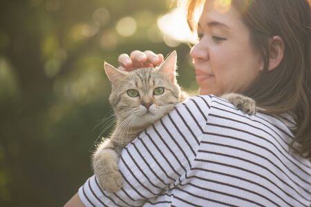 Asian woman holding her cat in the light of sunsetの写真素材
