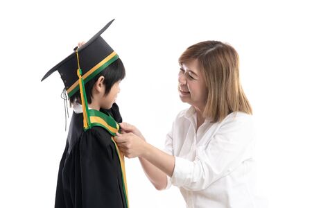Asian mother embracing her son on white background isolatedの写真素材