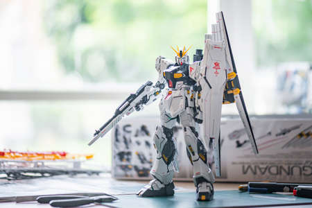 BANGKOK, THAILAND - June 11, 2020: Plastic model of MG RX-93 NU GUNDAM Ver.Ka (MG)  scale 1:100