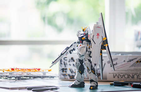 BANGKOK, THAILAND - June 11, 2020: Plastic model of MG RX-93 NU GUNDAM Ver.Ka (MG)  scale 1:100のeditorial素材