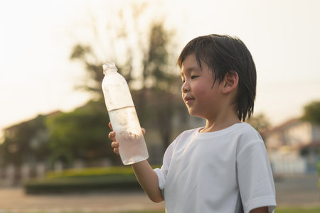 Cute asian boy drinks water from a bottle outdoorsの写真素材