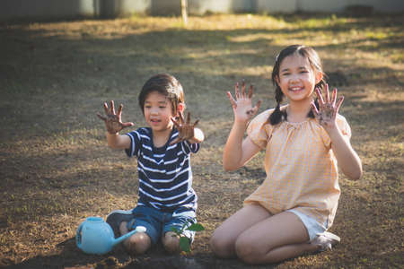 Asian sibling watering young tree on summer dayの写真素材