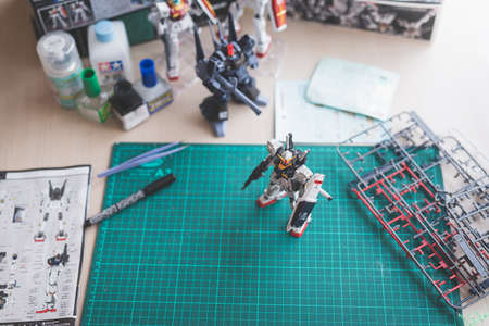 BANGKOK, THAILAND - April 15, 2021:Plastic model RX-178 Gundam MK-II (A.E.U.G.) Real grade scale 1:144のeditorial素材