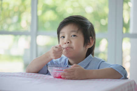 Happy Little Asian Child Eating Ice Cream At Homeの写真素材