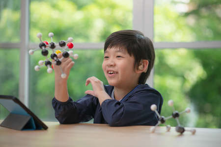 Asian child with hearing aid constructing molecular model  in science classroom online at homeの写真素材