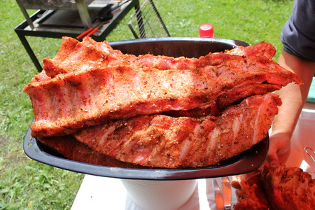 Marinate meat with sauce Barbecue, spare ribs, flames grilling  on the bbqの写真素材