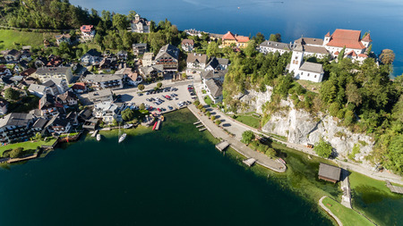 Pier at the Traunsee lake in Alps mountains, Upper Austria nex to Gmundenの写真素材