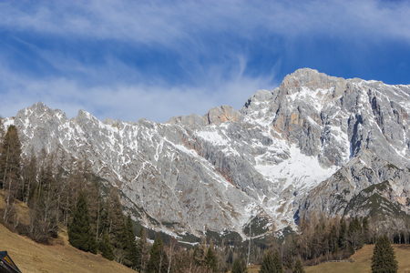 Panoramic view of idyllic winter wonderland with mountain tops in the Alps on a sunny day with blue sky, Muehlbach, Hochkoenig skiing resort, Salzburger Land, Austriaの写真素材