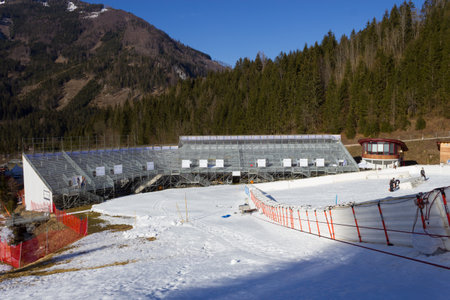HINTERSTODER,  AUSTRIA - February 22, 2016: Countdown, The Austrian team is working at full speed to complete the world cup slope and the finish area for competitions on 26 to 28 February 2016 Hinterstoder.のeditorial素材