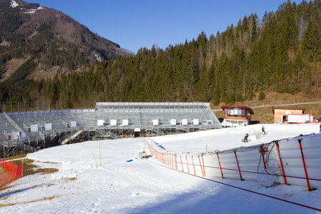 HINTERSTODER,  AUSTRIA - February 22, 2016: Countdown, The Austrian team is working at full speed to complete the world cup slope and the finish area for competitions on 26 to 28 February 2016 Hinterstoder.のeditorial素材